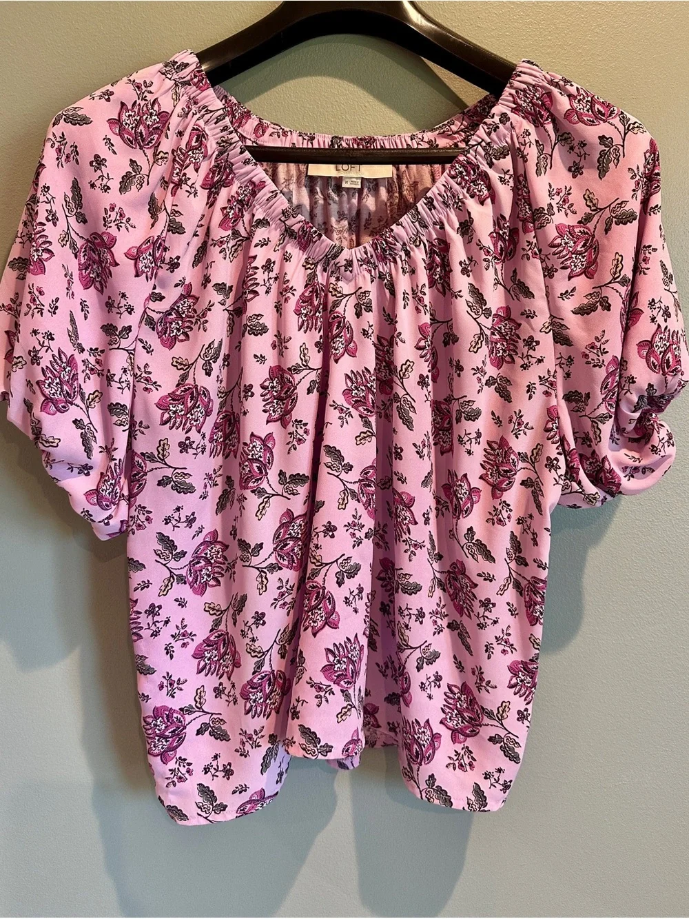 LOFT Pink Floral Gathered Neck Blouse